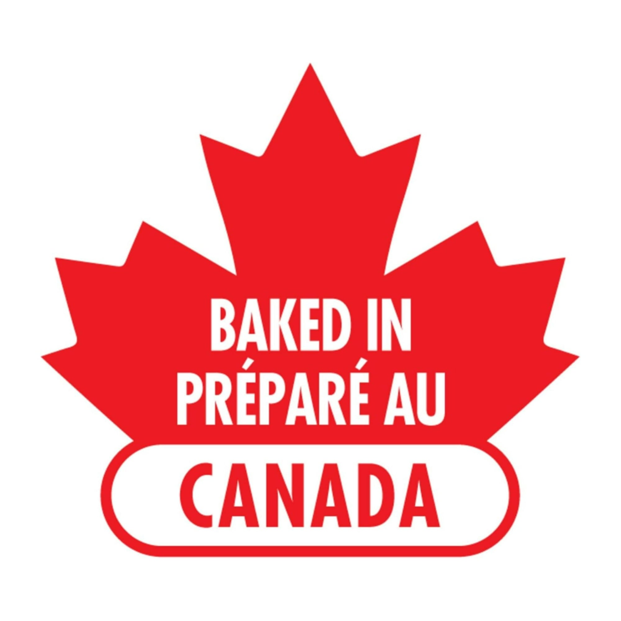 Red maple leaf with 'Baked in Canada' text on a white background