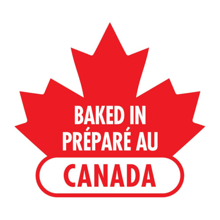 Red maple leaf with 'Baked in Canada' text on a white background