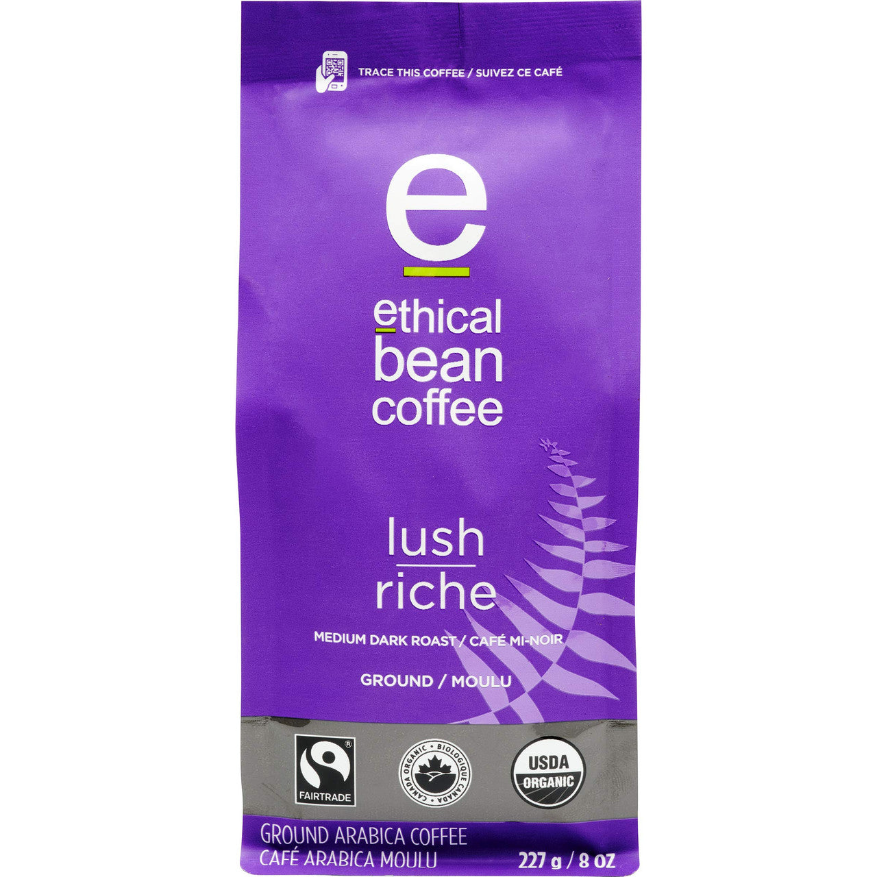 Ethical Bean Coffee Lush, Medium Dark Roast, Ground, 227g/8oz., Bag, {Imported from Canada}