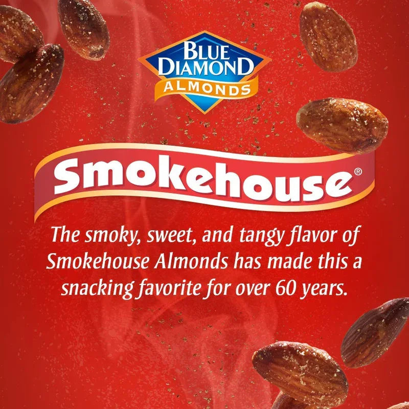 Blue Diamond Smokehouse almonds advertisement with almonds on a red background