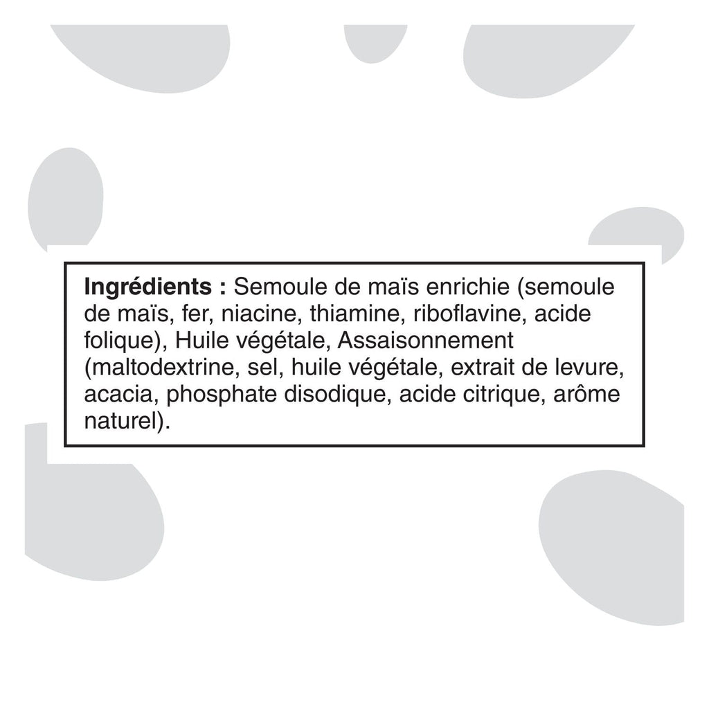 Ingredients in French of Cheetos Vegan White Cheddar Flavored Corn Snacks, 230g/8.1 oz on a white background with gray abstract shapes