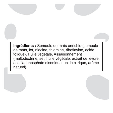 Ingredients in French of Cheetos Vegan White Cheddar Flavored Corn Snacks, 230g/8.1 oz on a white background with gray abstract shapes