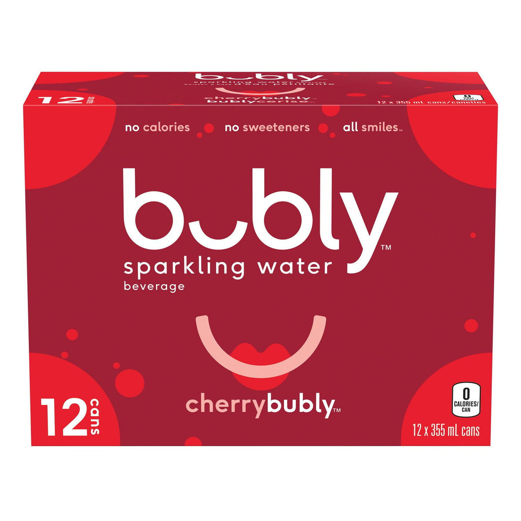 Bubly Cherry Sparkling Water Beverage, 12x355ml cans, 4.26L/144 oz., front of package.