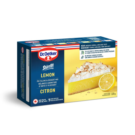 Dr. Oetker Shirriff Lemon Pie Filling & Desert Mix 328g/11.6 oz., Box, front of box.