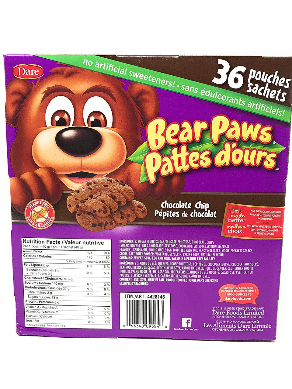 Dare Bear Paws Chocolate Chip Cookies, 36packs, 1.44kg/3.2lbs, (Imported from Canada)