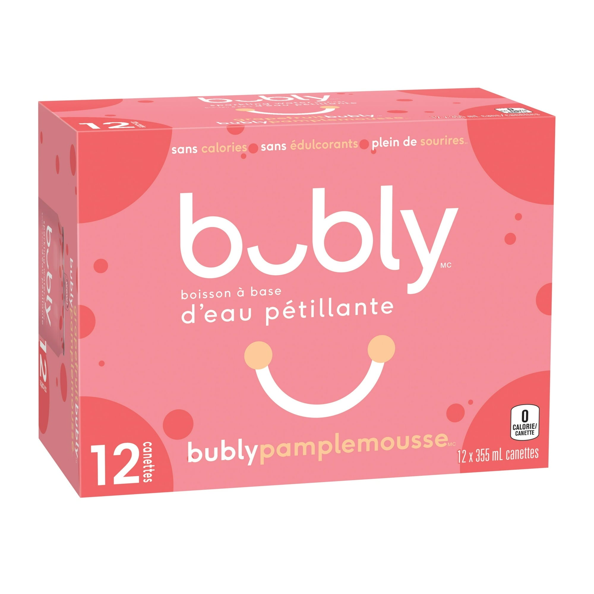 Front of Bubly Grapefruit Sparkling Water Beverage, 12x355ml cans, 4.26L/144 oz in French