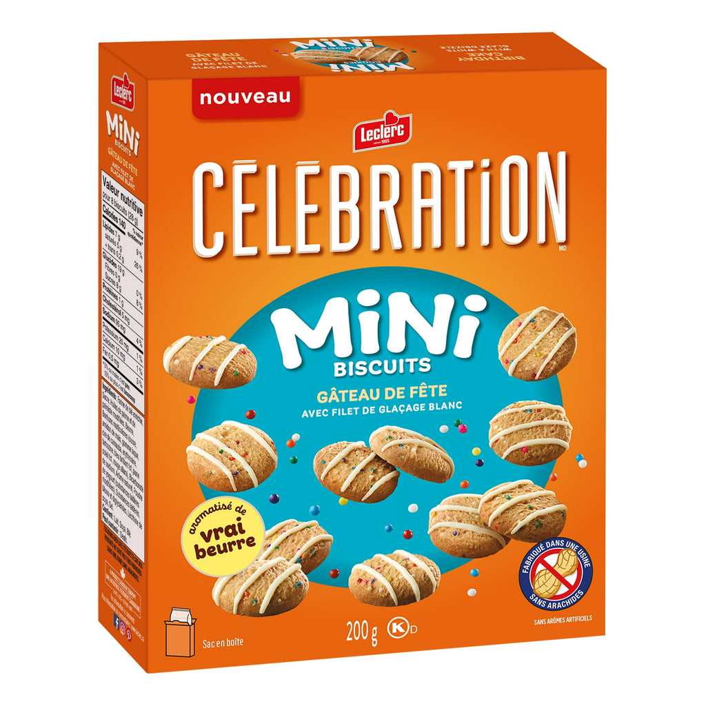 Box of Leclerc Mini Biscuits with orange packaging and images of cookies on a white background