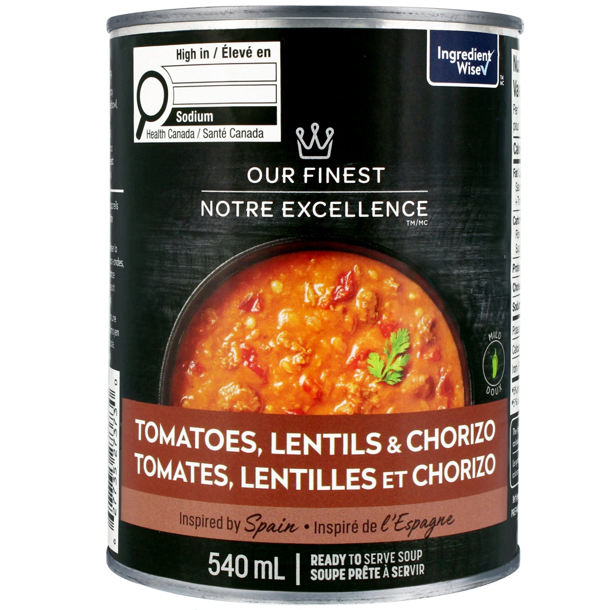 Can of Our Finest Mild Tomatoes, Lentils & Chorizo Ready-To-Serve-Soup, Spanish Cuisine - 540mL on a black label