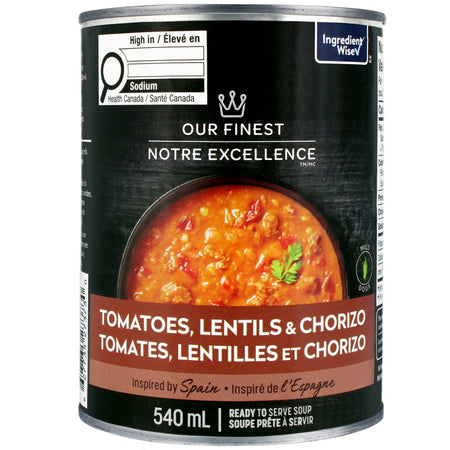 Can of Our Finest Mild Tomatoes, Lentils & Chorizo Ready-To-Serve-Soup, Spanish Cuisine - 540mL on a black label