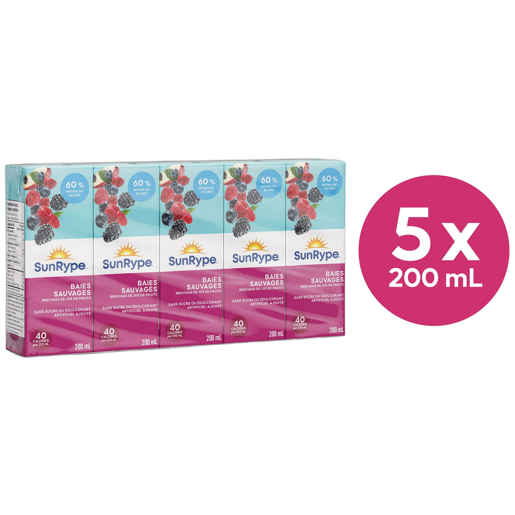 SunRype Wildly Berry Juice Boxes Perfect For On-The-Go, 60% Less Sugar, 5x200ml/33.8 fl. oz. - Back Of Pack