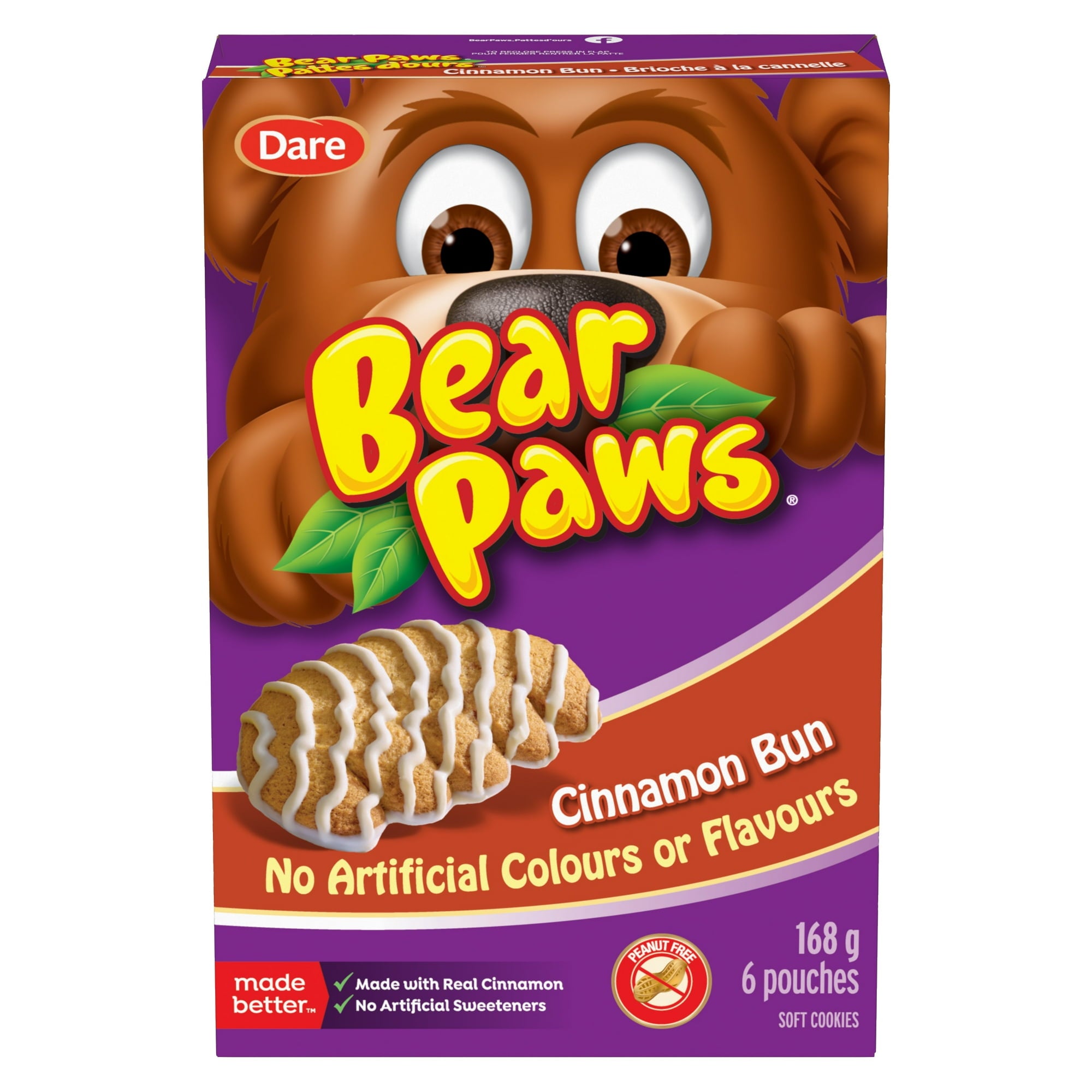 Box of Dare Bear Paws Cinnamon Bun Cookies, 168g/5.9 oz with a cartoon bear face on a purple background