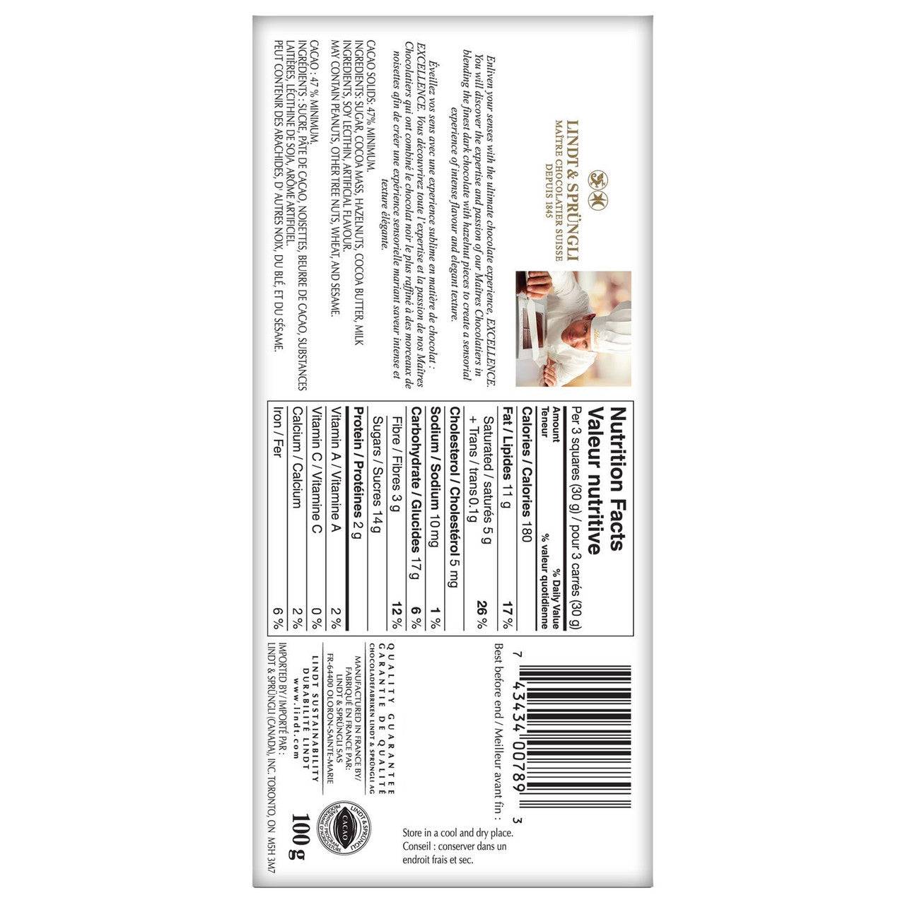 Lindt Excellence Roasted Hazelnut Dark Chocolate Bar, 100g/3.5 oz. {Imported from Canada}