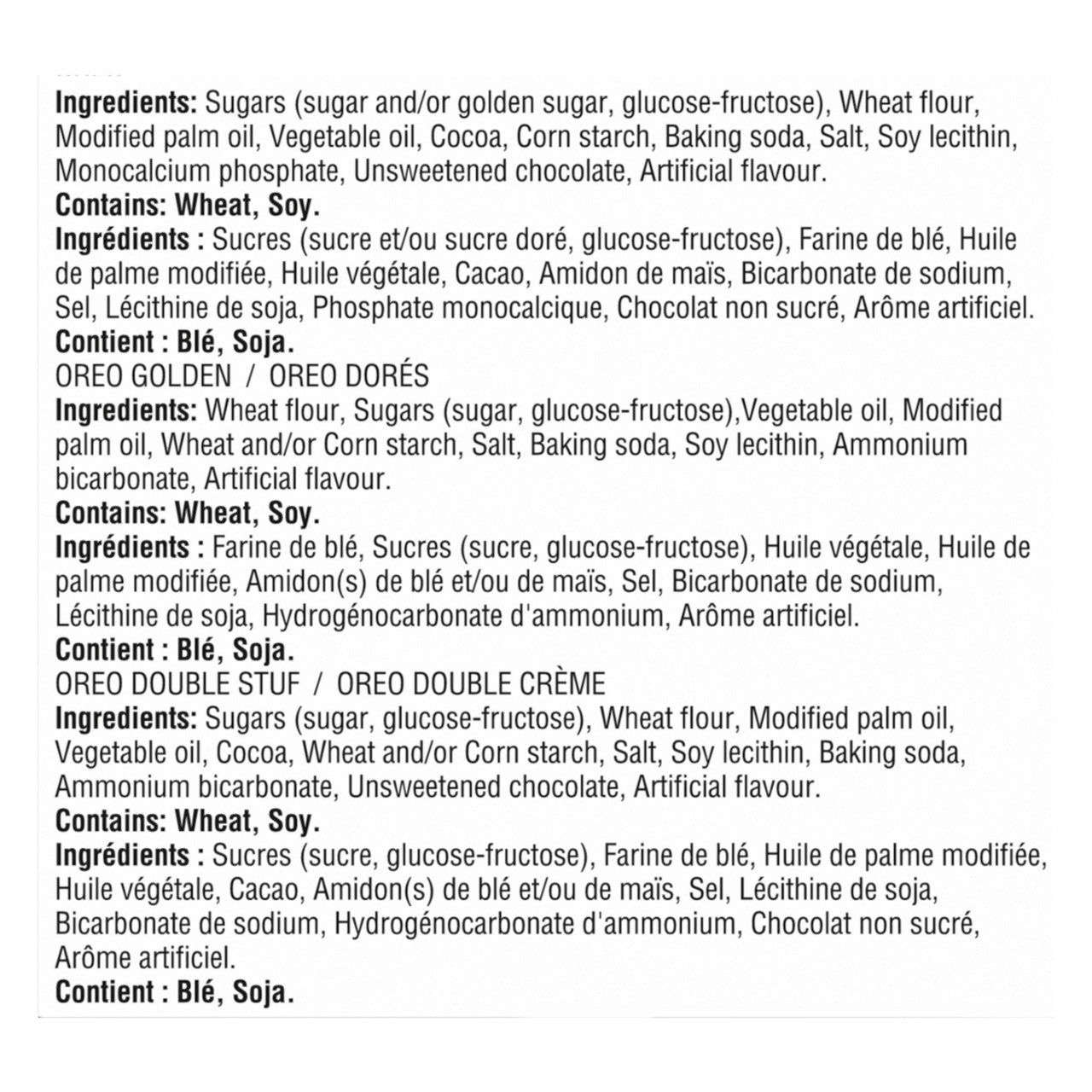 Ingredients list for Oreo Cookies Variety Pack - Original Oreos, Golden Oreos, Double Stuff Oreos, 1.46kg/51.4 oz on a white background