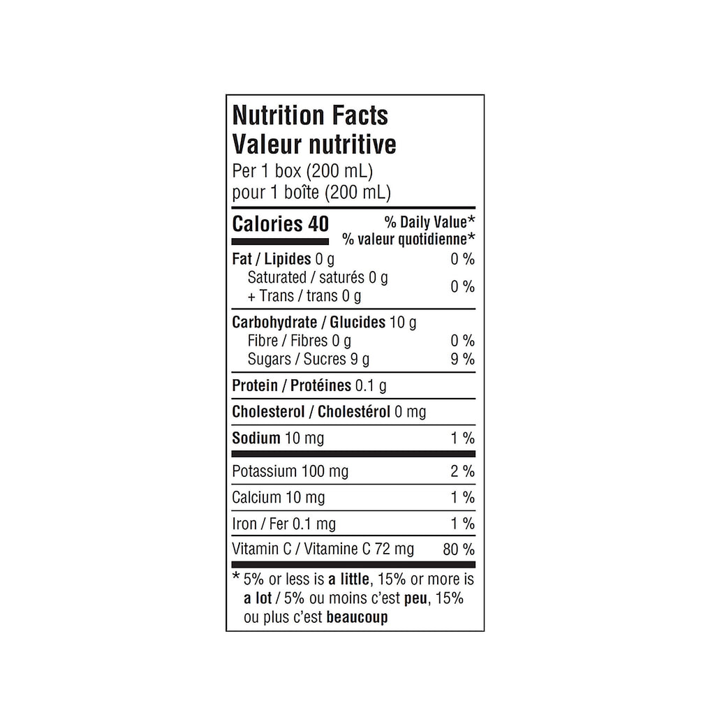 SunRype Fruity Punch Juice Boxes Perfect for On-The-Go, 5x200ml, 1L/33.8 fl. oz. - Nutrition Facts Label