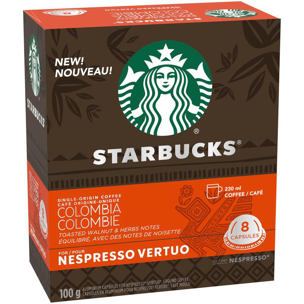 Starbucks Single Origin Colombia Medium Roast Coffee, Capsules for Nespresso Vertuo, 8 count, 100g/3.5 oz. Box {Imported from Canada}