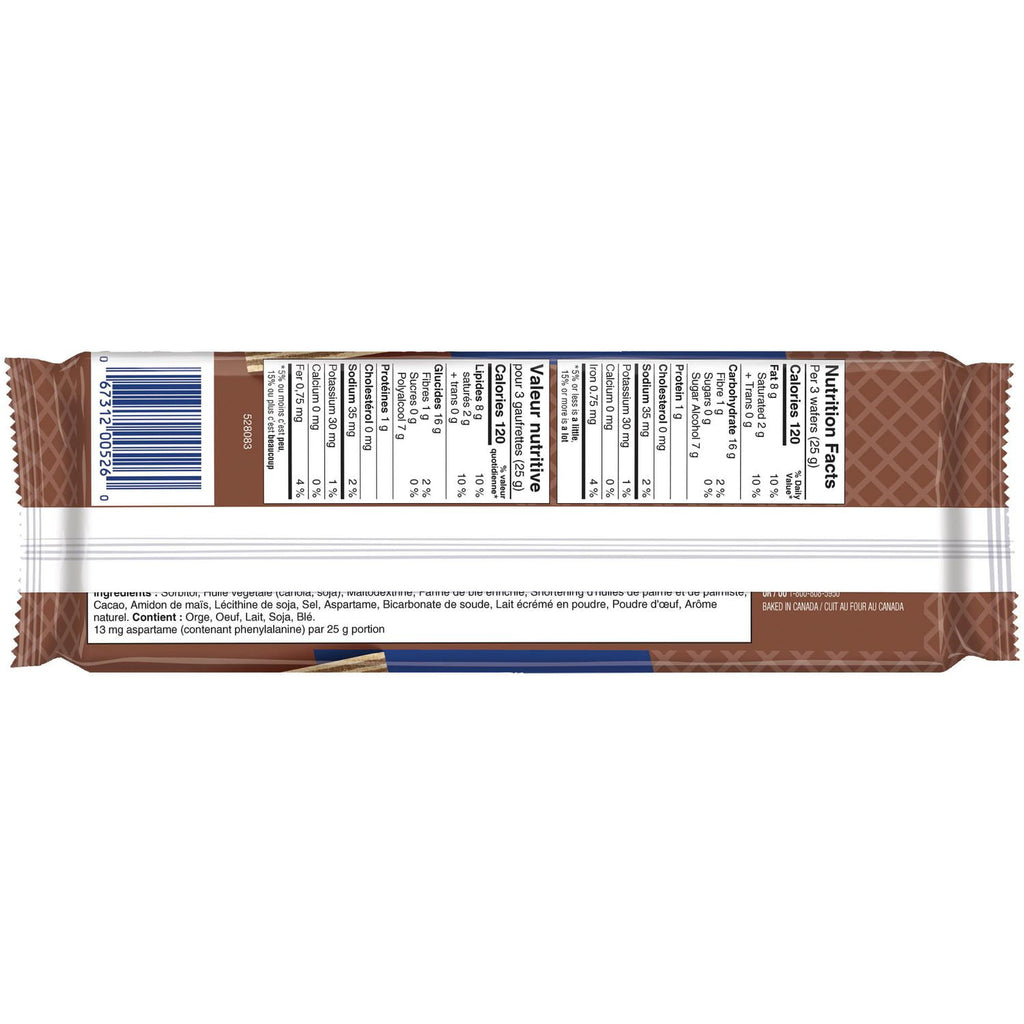 Voortman No Sugar Added Chocolate Wafers, 250g, back of package.