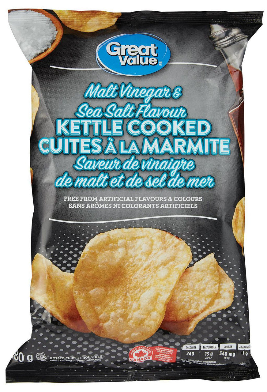 Great Value Sea Salt & Malt Vinegar Kettle Cooked Chips 180g/6.3 oz {Imported from Canada}