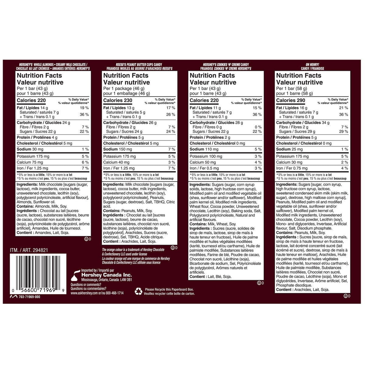 Hershey's Full Size Bars Variety Pack 18ct back upc