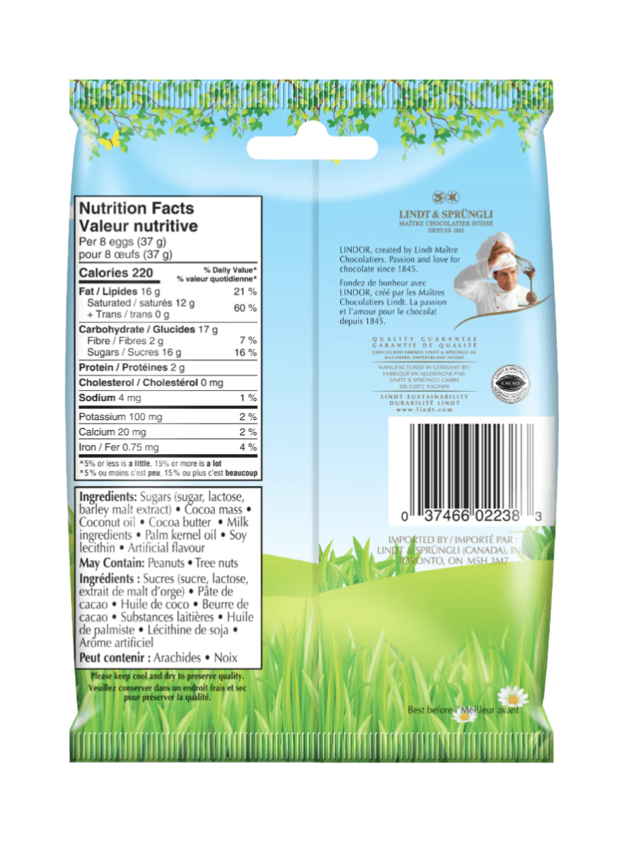 Lindt Lindor Dark Chocolate Eggs, 100g/3.5 oz. - Back Of Bag