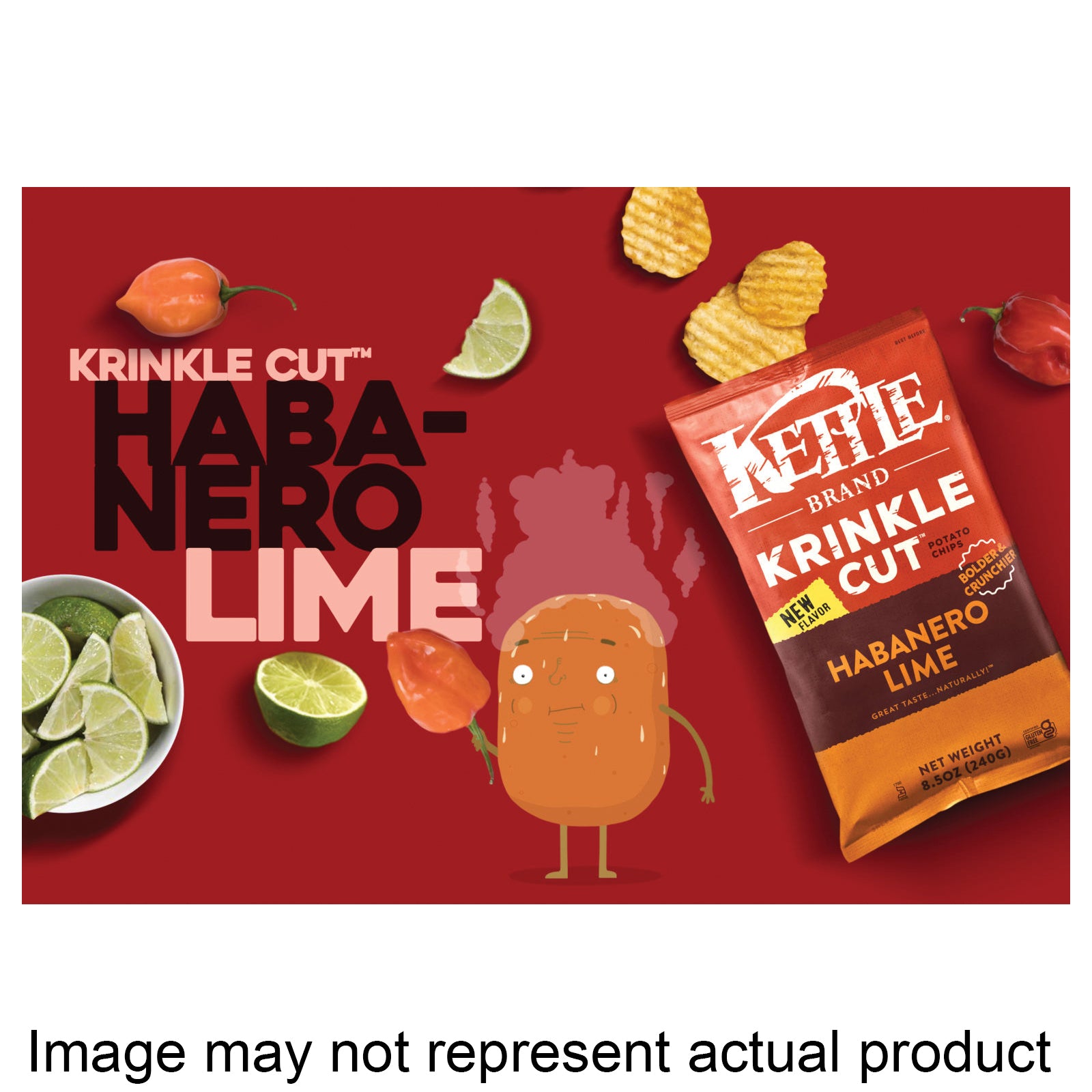 Kettle Brand Krinkle Cut Habanero Lime Flavored Potato Chips 198g/7 oz., Bag, krinkle cut habanero lime label.