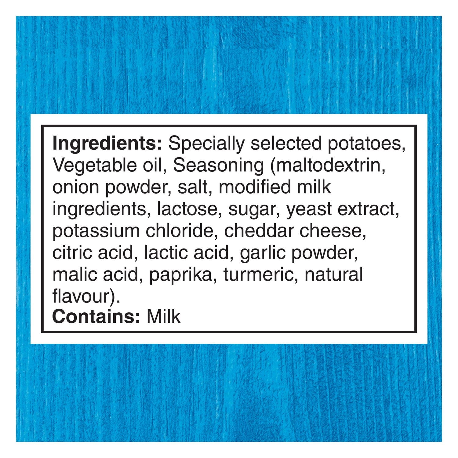 Ingredients list for Lay's Cheese & Onion Flavored Potato Chips, 220g package on a blue background