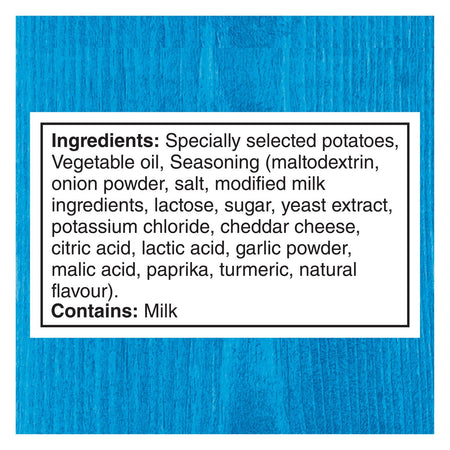 Ingredients list for Lay's Cheese & Onion Flavored Potato Chips, 220g package on a blue background