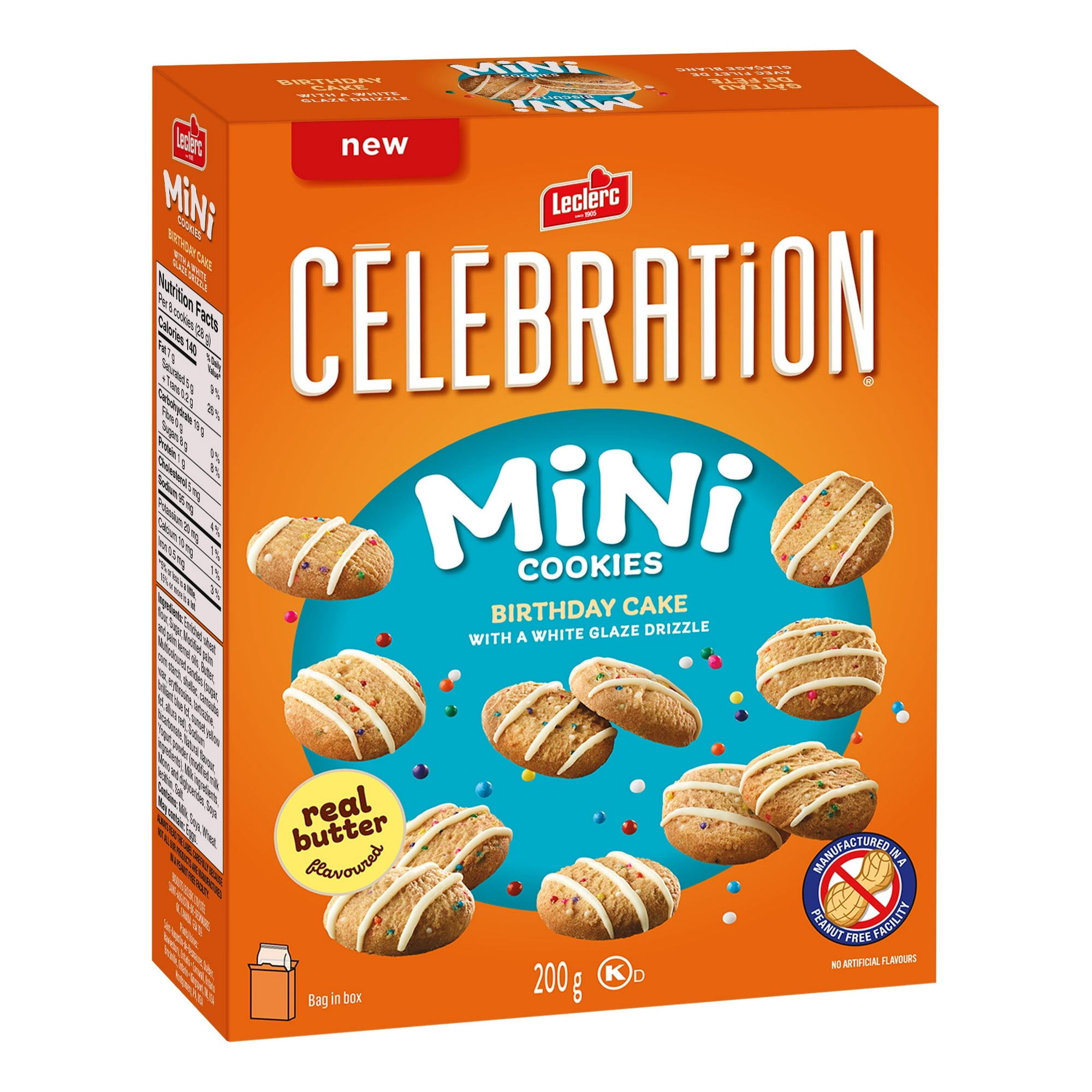 Box of Leclerc Celebration Mini Cookies with orange packaging and images of cookies on a white background