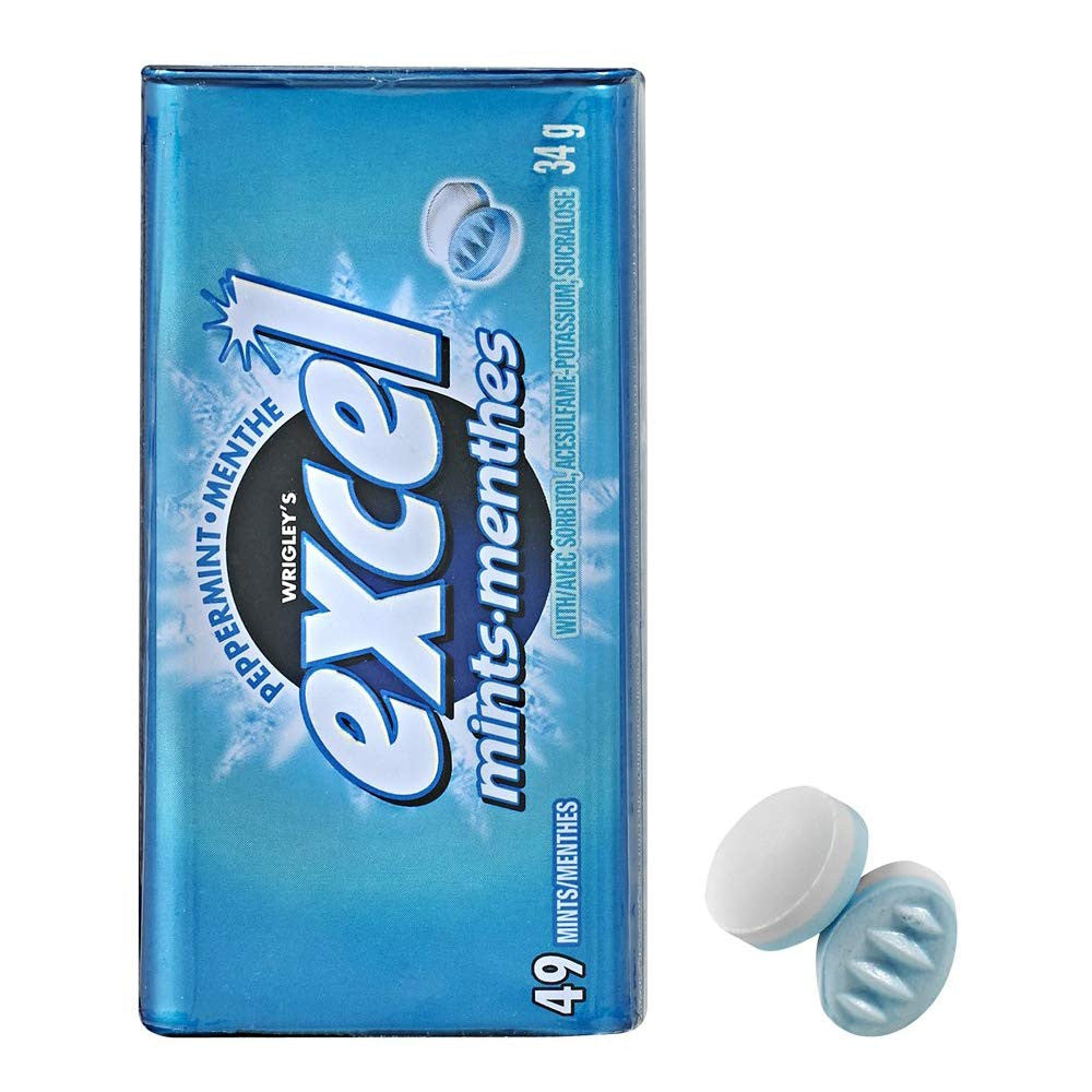 Excel Mints Peppermint, 34gm Tin, 8 Count, (Pack of 3), (Imported from Canada) Caffeine Cams