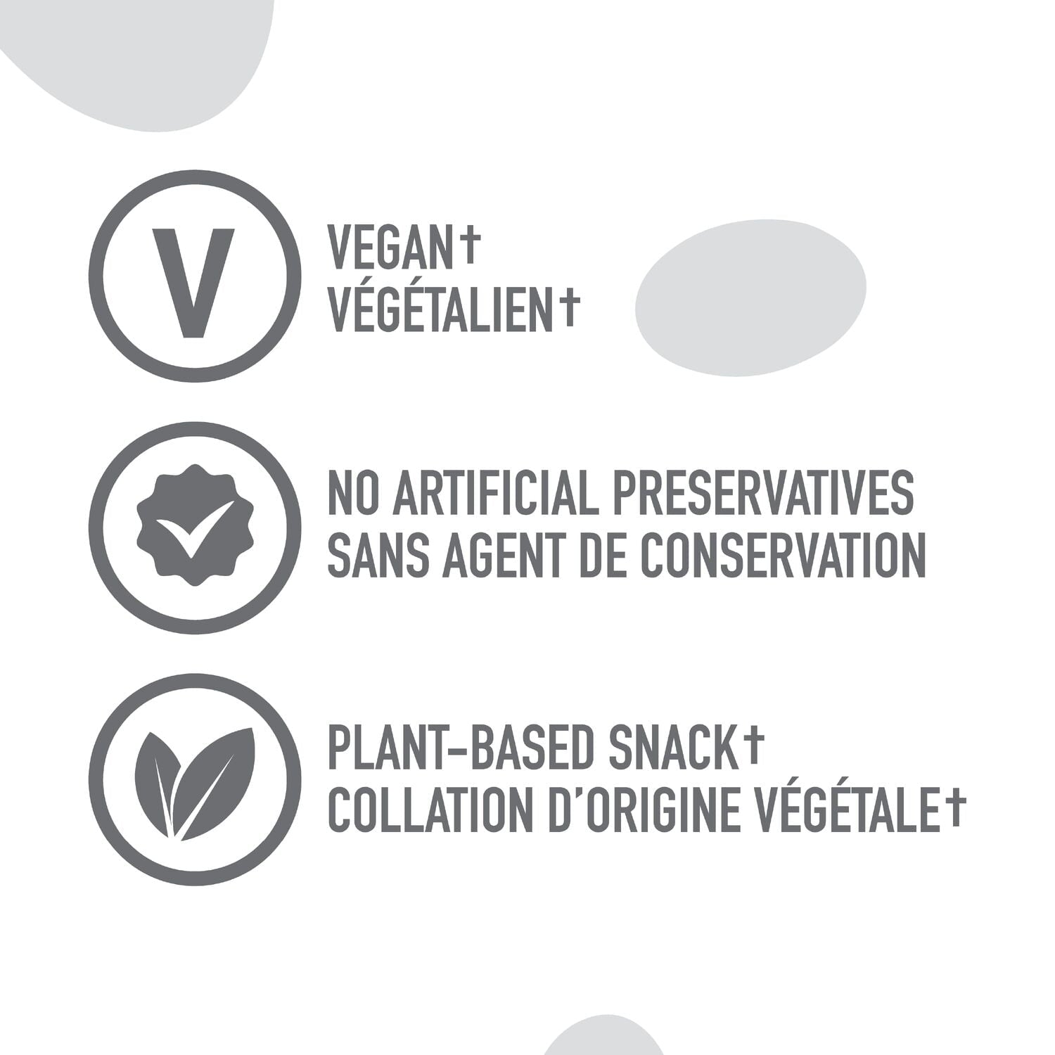 Icons and text indicating vegan, no artificial preservatives, and plant-based snack status on a white background.