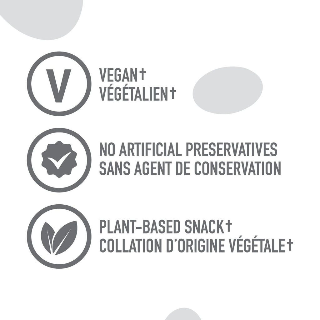 Icons and text indicating vegan, no artificial preservatives, and plant-based snack status on a white background.