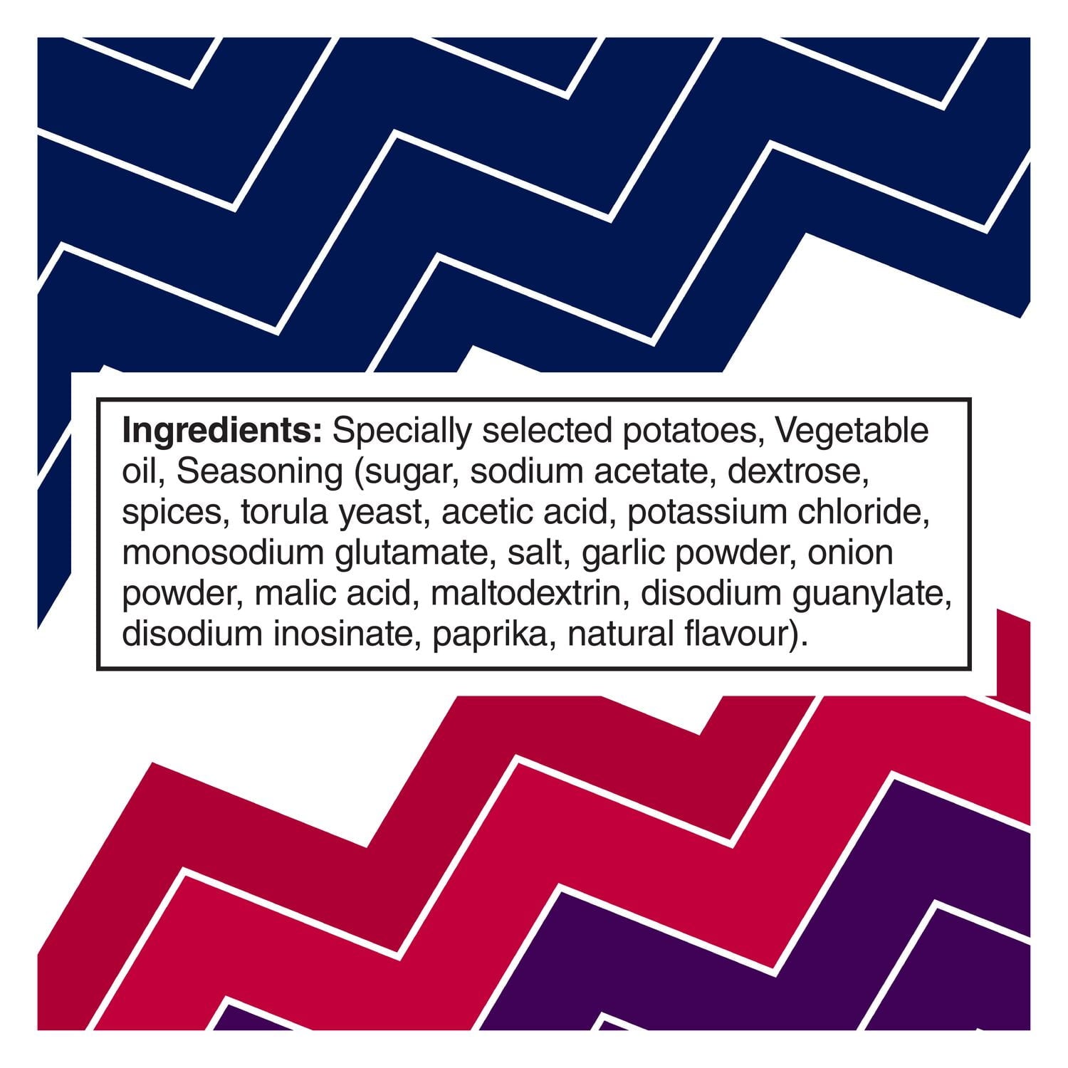 Ingredients label of Ruffles Spicy All-Dressed Potato Chips, 180g/6.3 oz., Bag