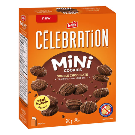 Box of Leclerc Celebration Mini Cookies with chocolate drizzle on an orange background