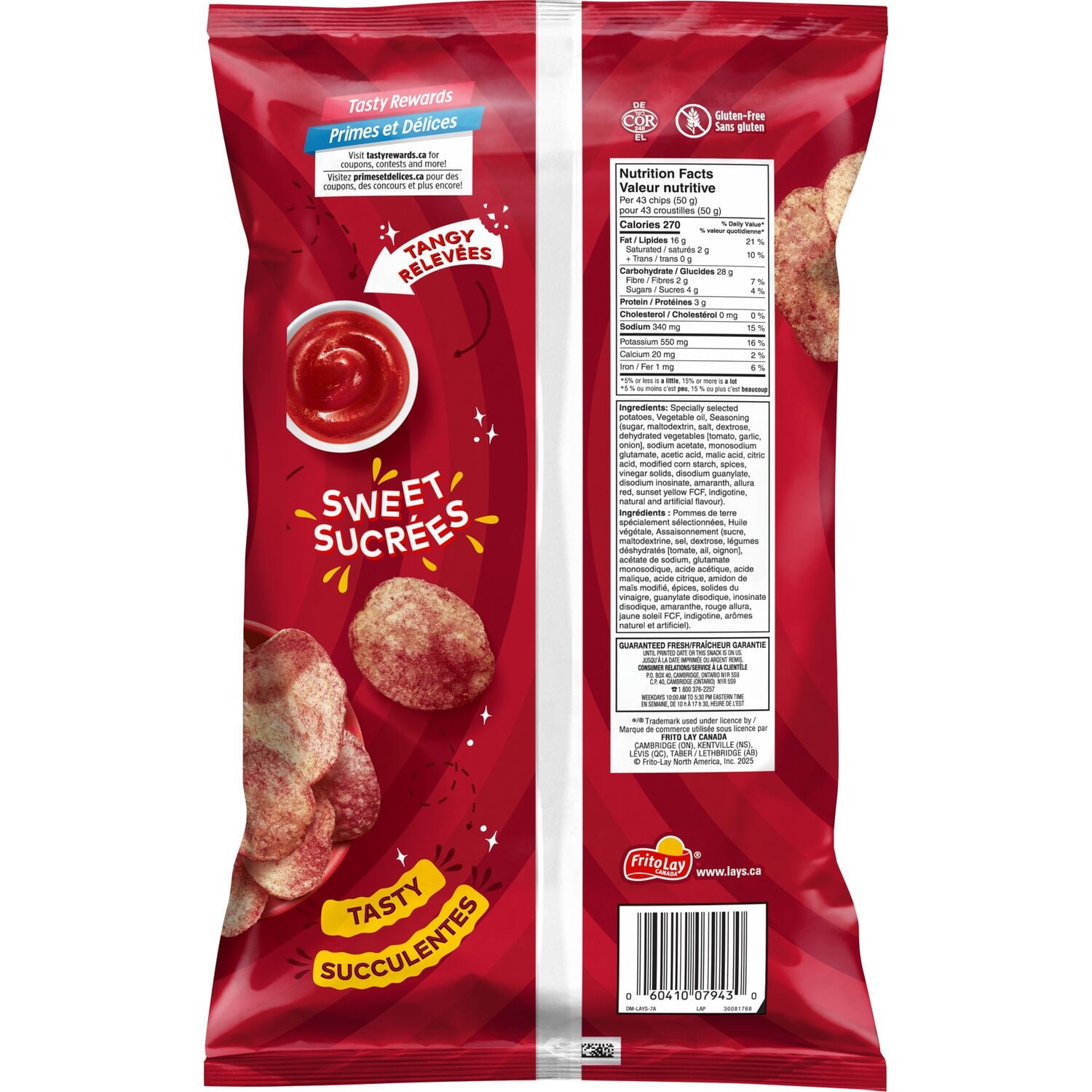 Lay's Ketchup Flavored Potato Chips, 220g/7.7 oz with branding and nutritional information on a white background
