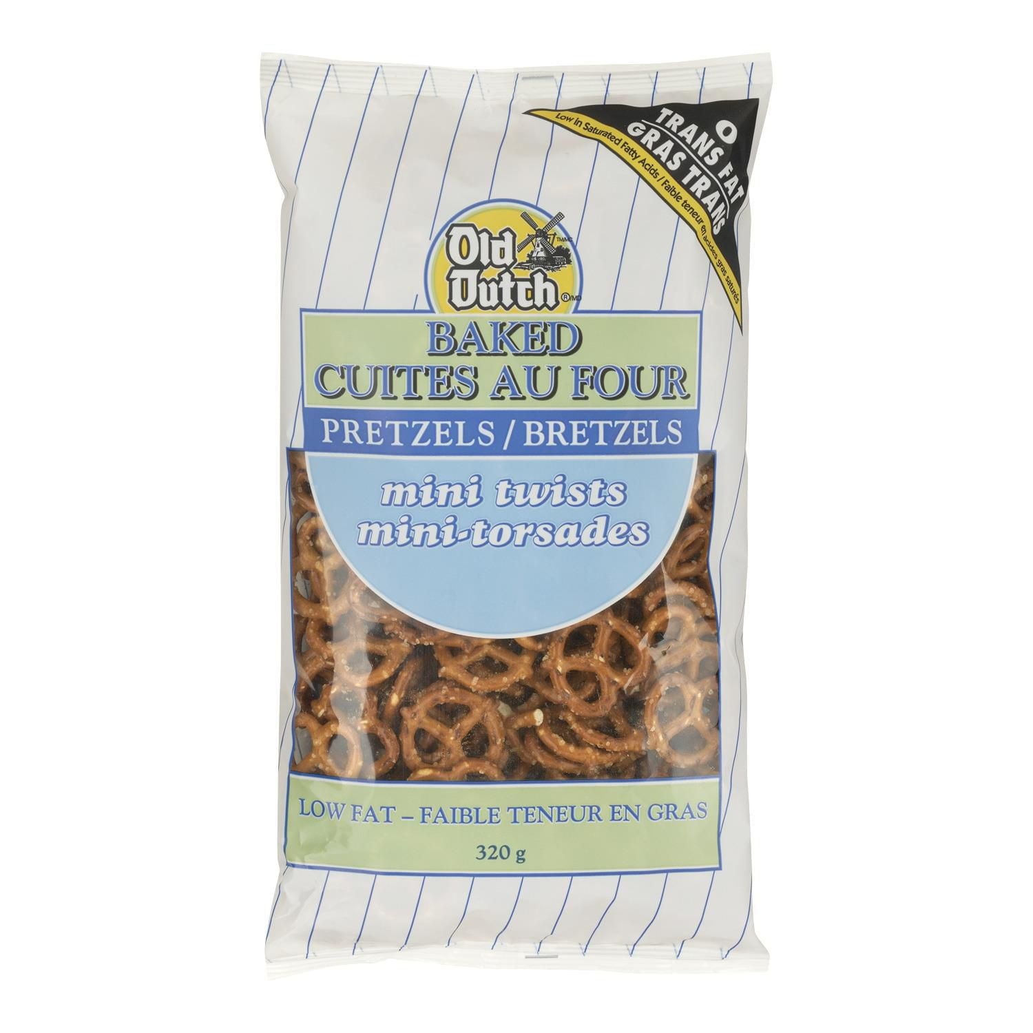 Old Dutch Baked Mini Twists Pretzels, 320g/11.3 oz. Bag, front of bag.