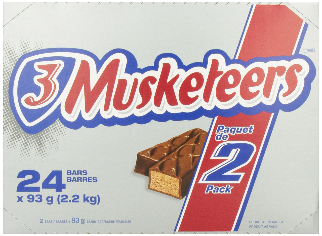 3 Musketeers, 2-Piece King Size Chocolate Bars, 93g/3.3 oz, 24-Count { Imported from Canada}