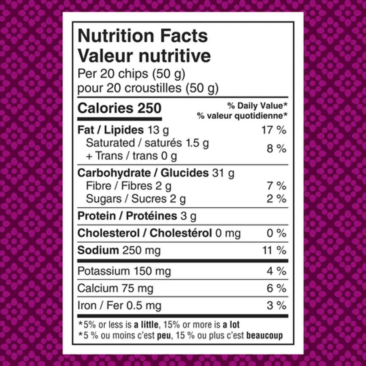 Nutrition facts label for Doritos Spicy Korean BBQ Tortilla Chips, 210g/7.4 oz on a purple background