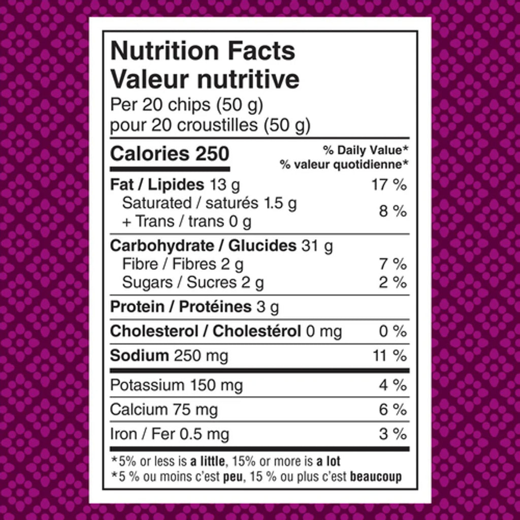 Nutrition facts label for Doritos Spicy Korean BBQ Tortilla Chips, 210g/7.4 oz on a purple background