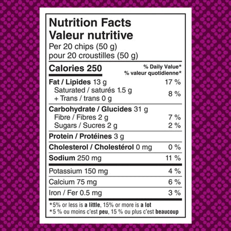Nutrition facts label for Doritos Spicy Korean BBQ Tortilla Chips, 210g/7.4 oz on a purple background