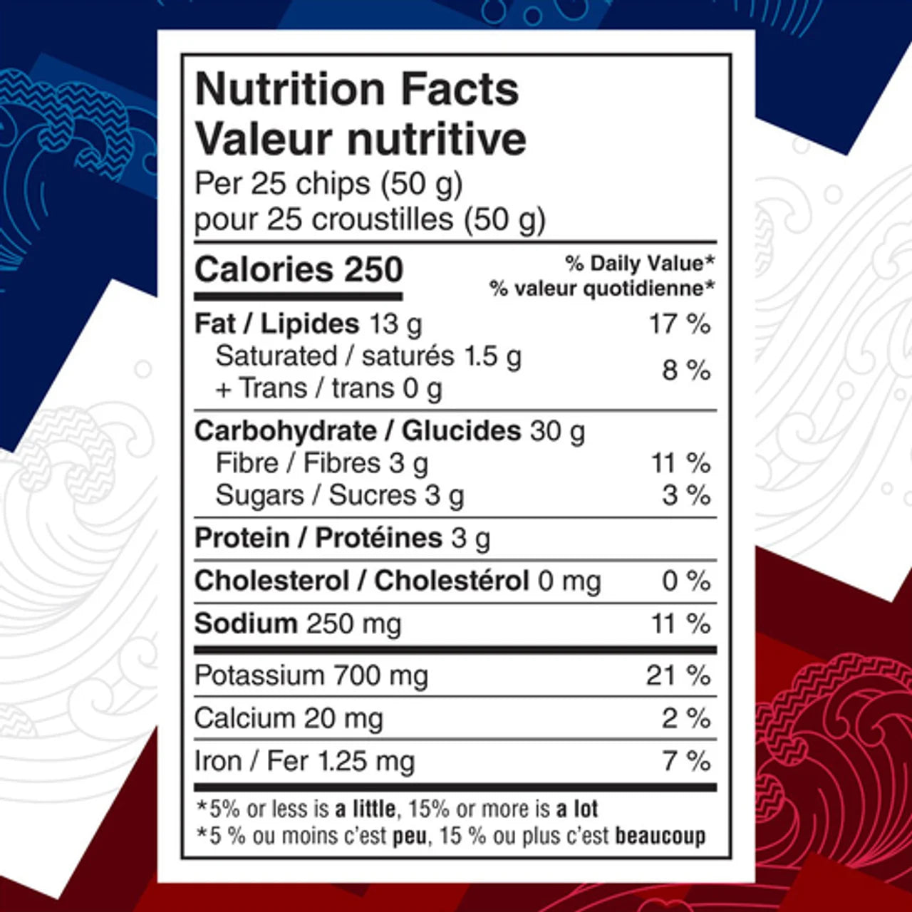 Nutrition facts label for Ruffles Double Crunch Korean Sweet Chili Potato Chips, 180g/6.3 oz with a decorative background.