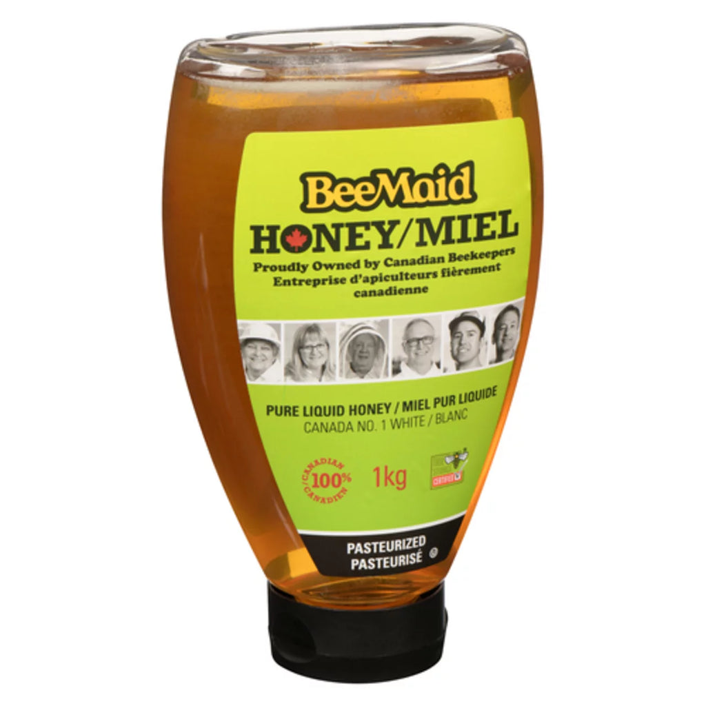 BeeMaid Honey 100% Canadian Pasteurized Pure Liquid Honey 1kg/2.2 lbs., Bottle, front of bottle.