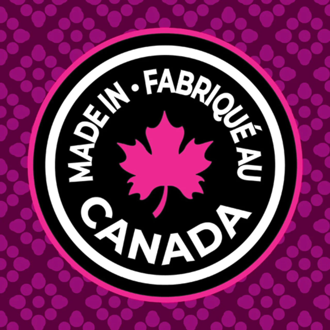 Logo with 'Made in Canada' text and pink maple leaf on a purple background