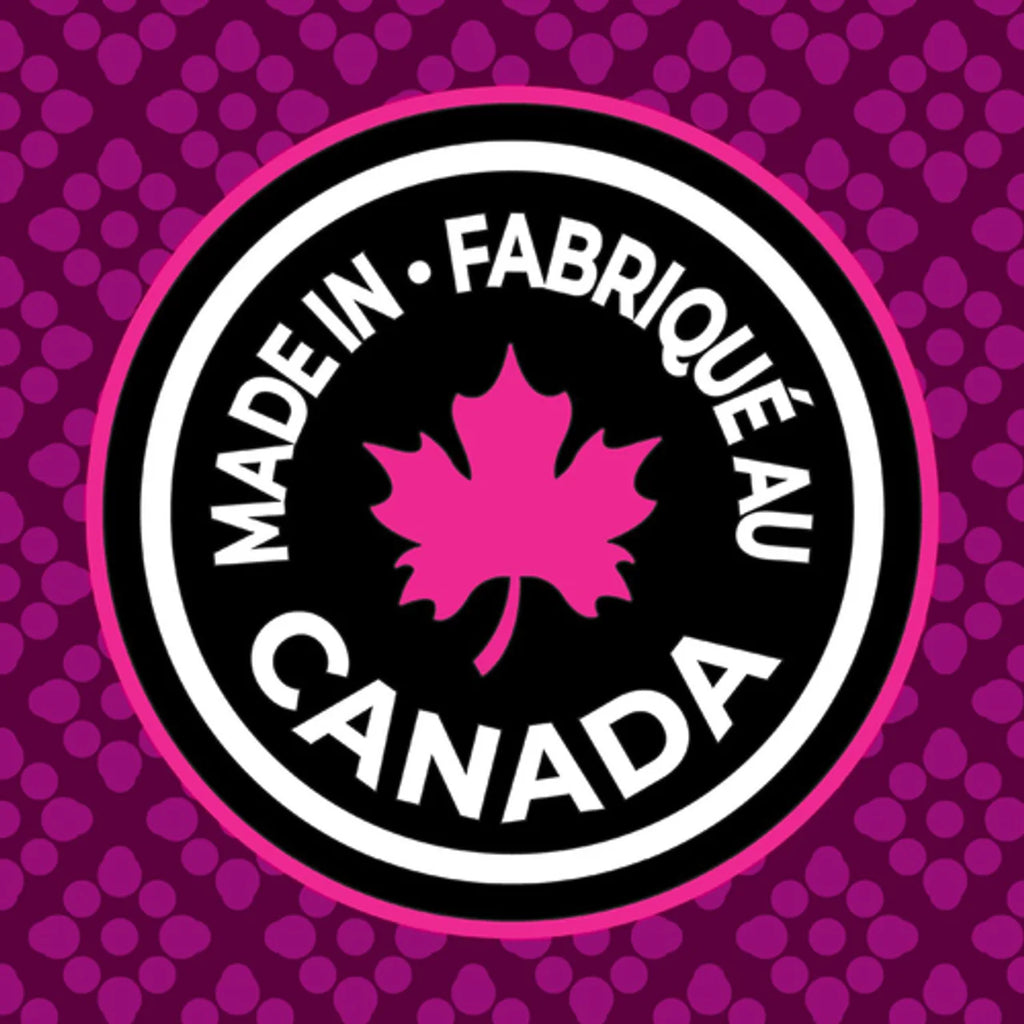 Logo with 'Made in Canada' text and pink maple leaf on a purple background