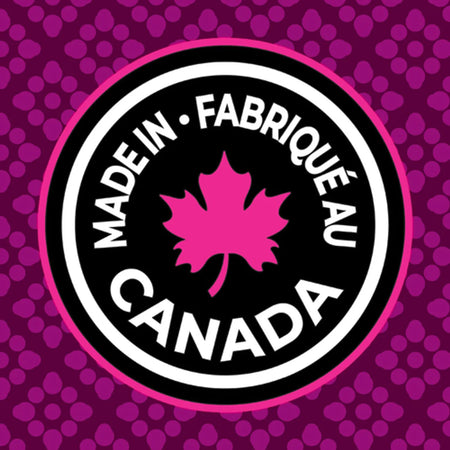 Logo with 'Made in Canada' text and pink maple leaf on a purple background
