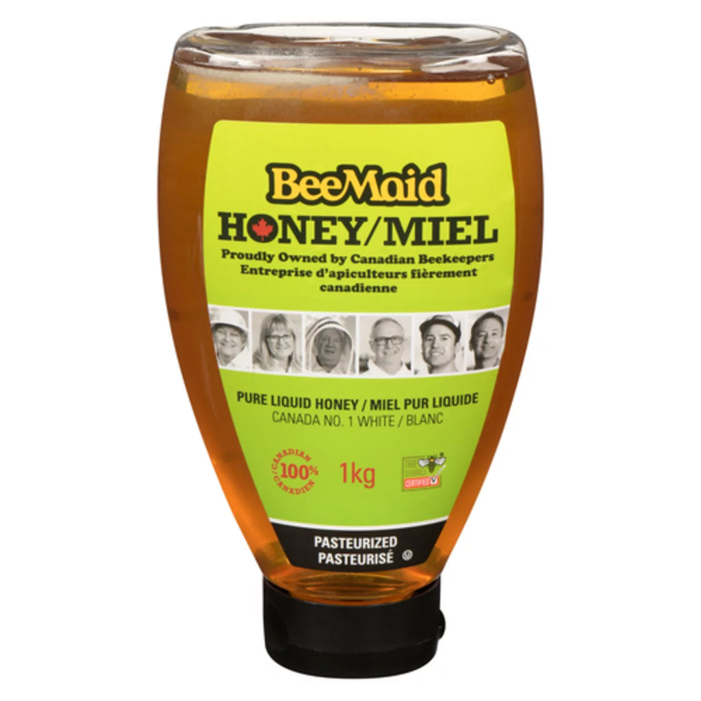 BeeMaid Honey 100% Canadian Pasteurized Pure Liquid Honey 1kg/2.2 lbs., Bottle, front of bottle.