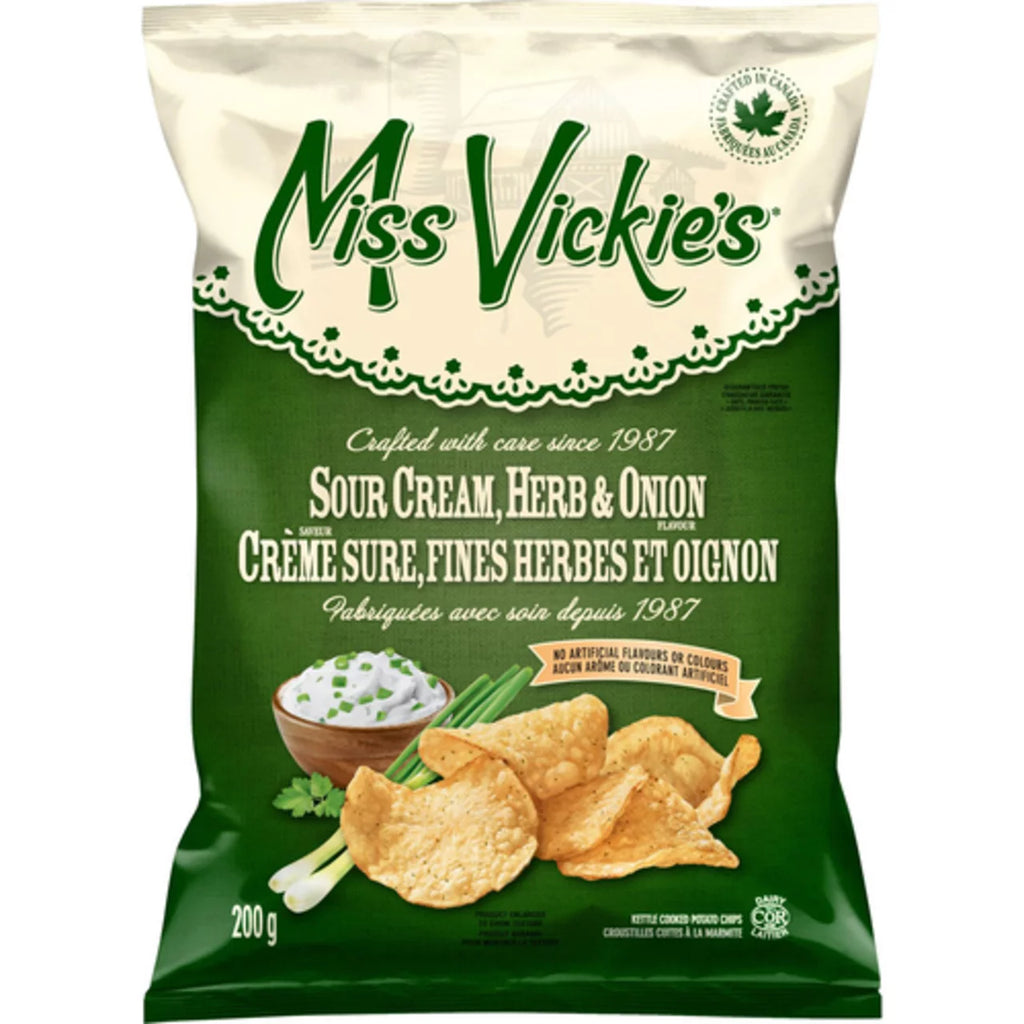 Miss Vickies Kettle Cooked Sour Cream, Herb & Onion Potato Chips, 200g, front of bag.