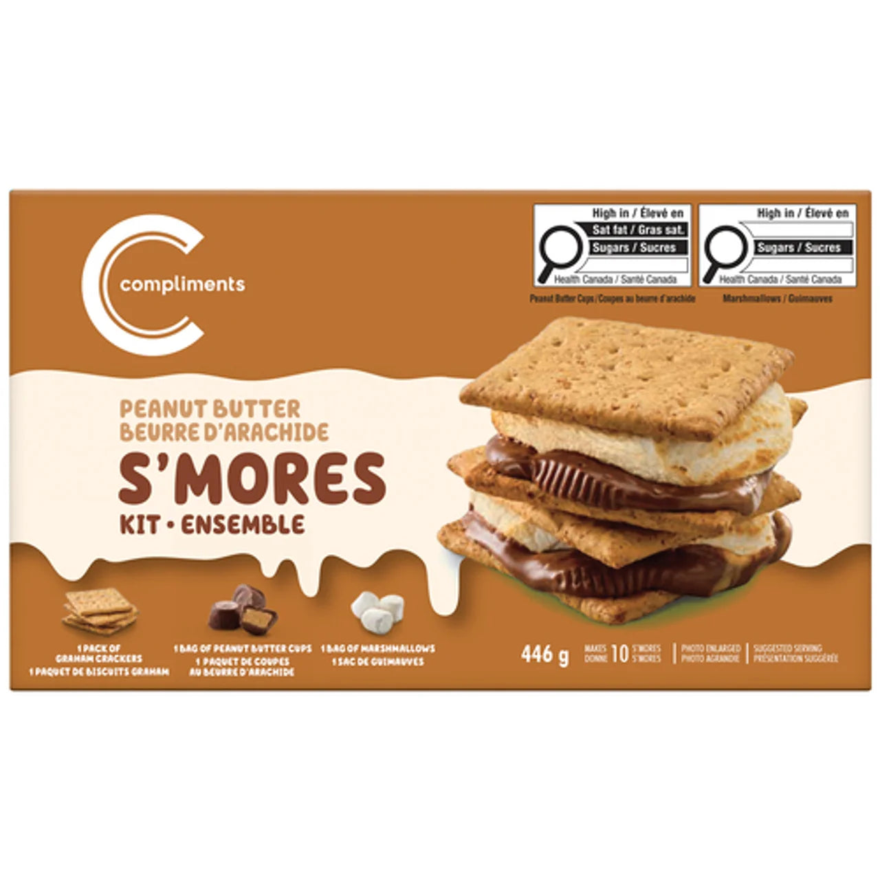 Compliments Peanut Butter S'mores Kit, Makes 10 S'mores, 446g/15.9 oz - Front of Compliments peanut butter s'mores kit packaging on a white background