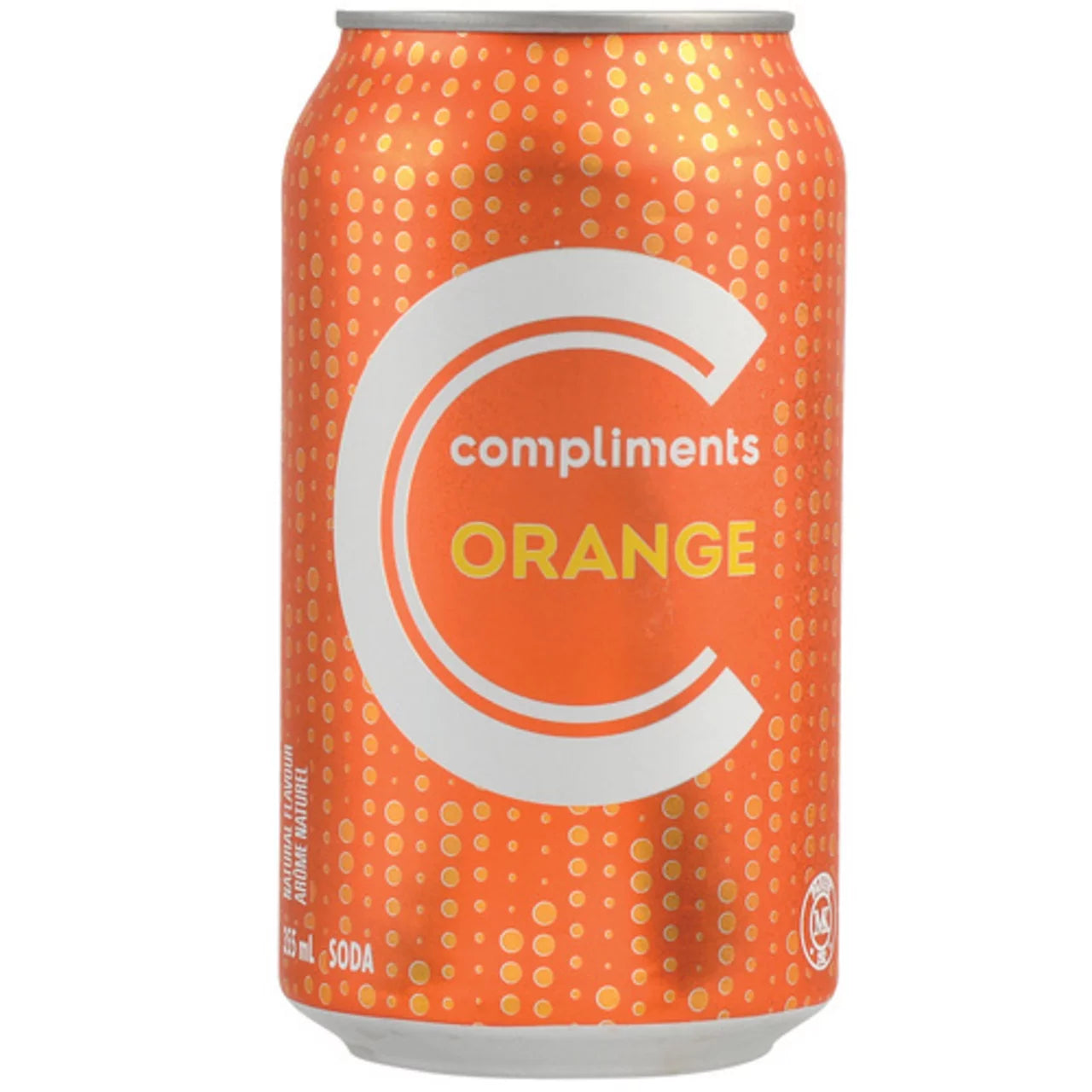 Orange soda can with 'Compliments' branding on a white background