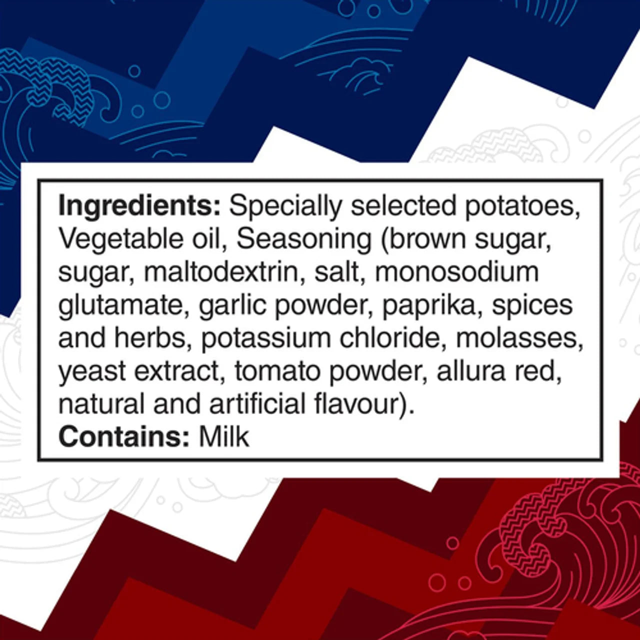 Ingredients list of Ruffles Double Crunch Korean Sweet Chili Potato Chips, 180g/6.3 oz with a blue and red background.
