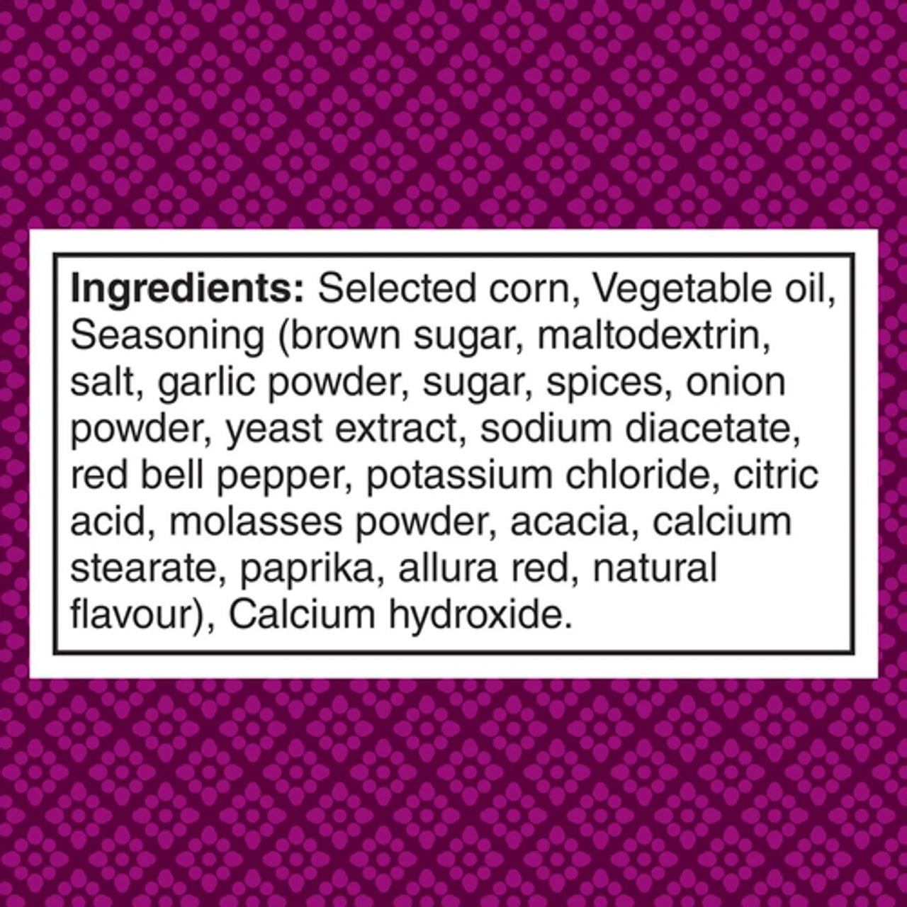 Ingredients list for Doritos Spicy Korean BBQ Tortilla Chips, 210g/7.4 oz on a purple background with a white border