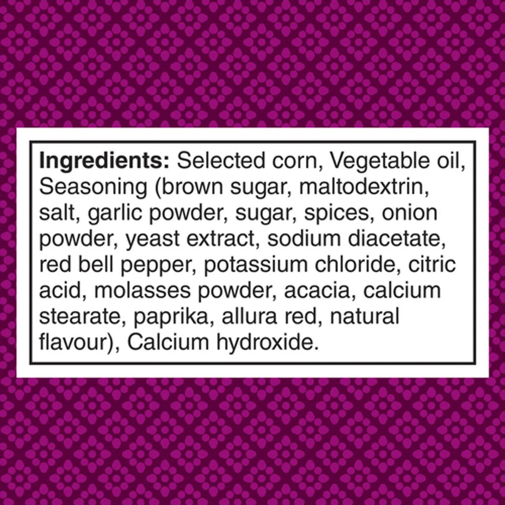 Ingredients list for Doritos Spicy Korean BBQ Tortilla Chips, 210g/7.4 oz on a purple background with a white border